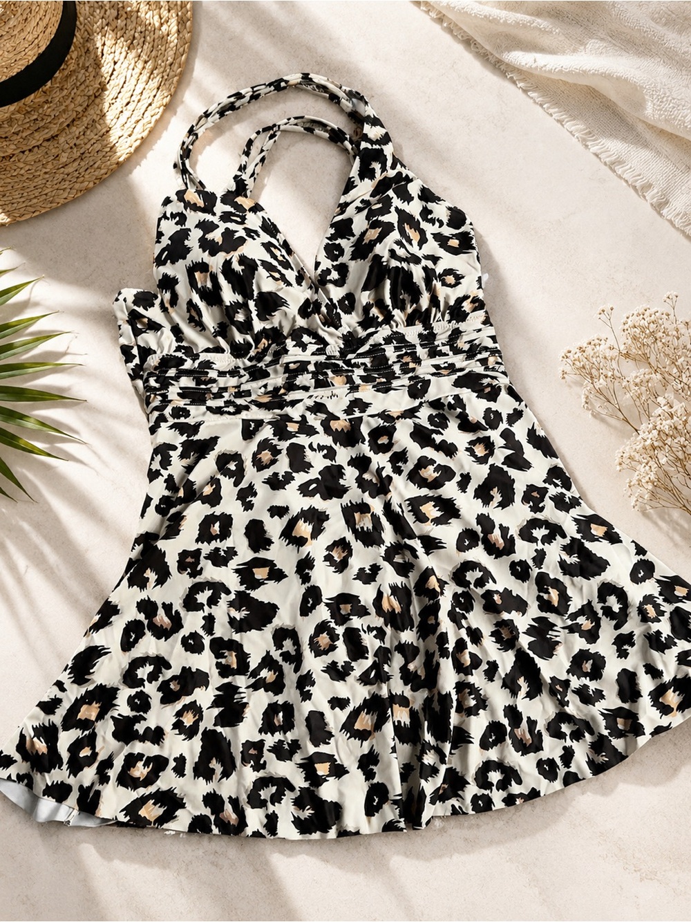 Leopard-Print V-Neck Mini Dress in Black and Cream